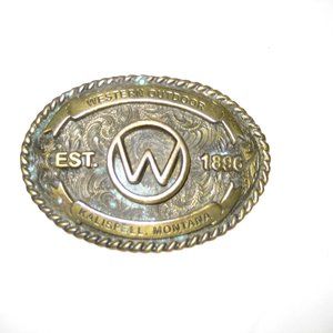 WESTERN OUTDOOR, KLAISPELL MONTANA LARGE BRASS  BELT BUCKLE 3.5"X2.5"